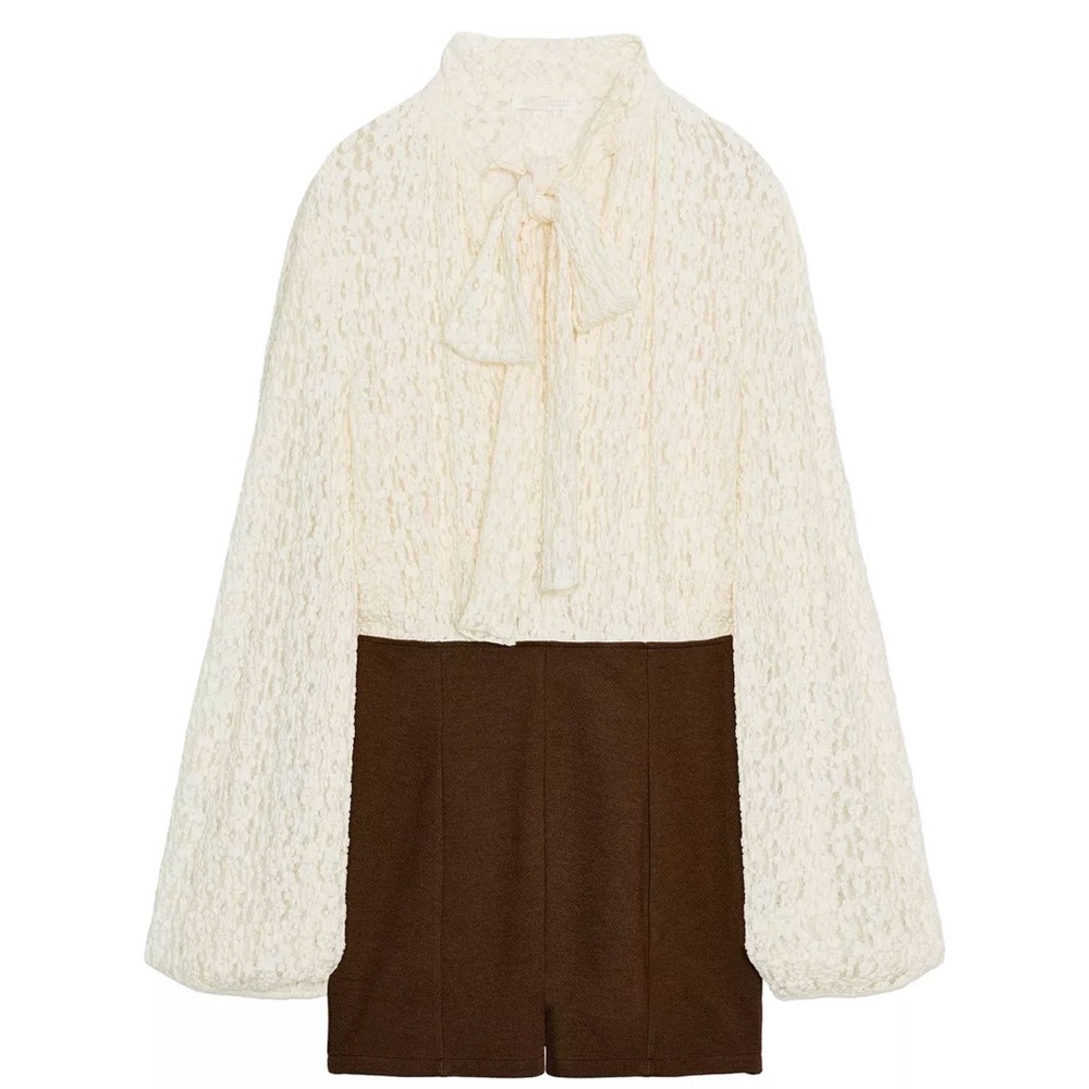 Zara tied combination short Cream and Brown Jumpsuit